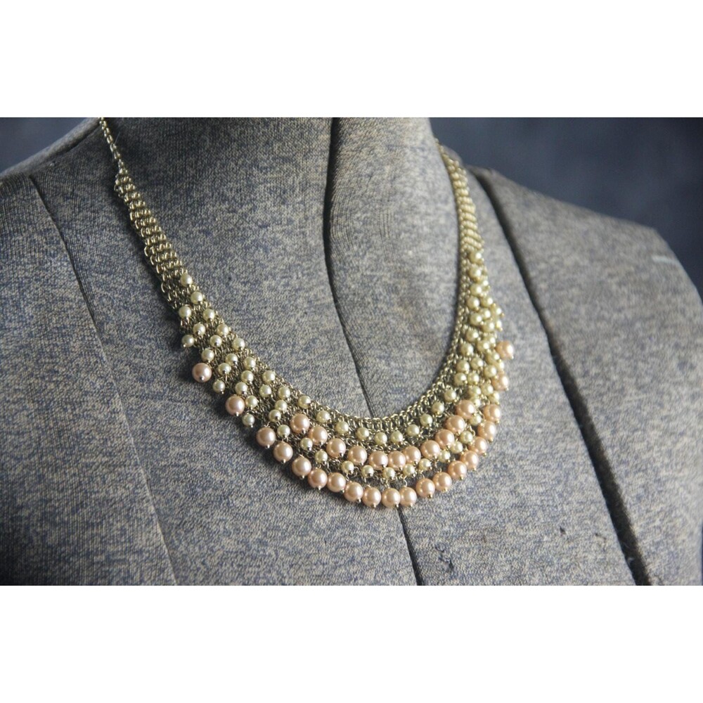 Signed Pearl and Gold Tone Chain Choker Bib Necklace, vintage